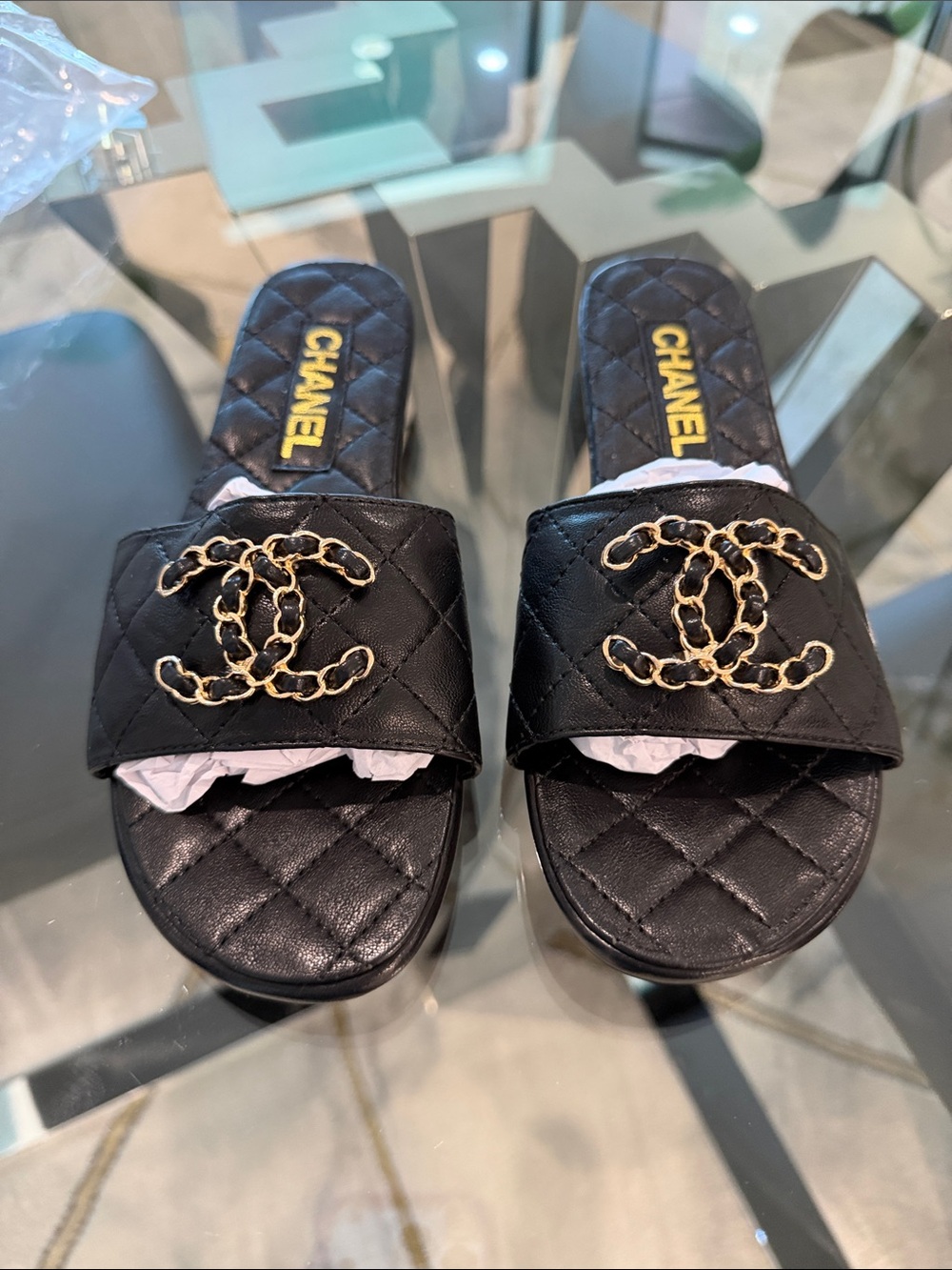 Black Quilted Leather Slide Mules with Gold logo Chain